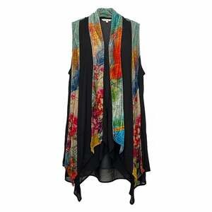 Soft Surroundings Colorful Floral Velvet Trim Open Front Duster Vest L Artsy